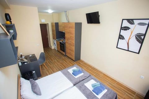 Bed, TV and multimedia, Kitchen or kitchenette, Photo of the whole room, Bedroom, towels, wardrobe