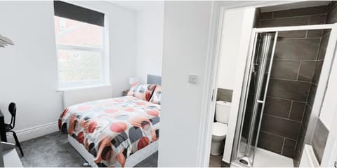 Shower, Bed, Bedroom