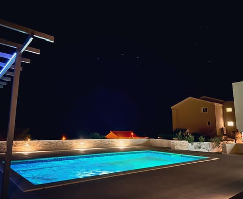 Night, Pool view, Swimming pool, sunbed