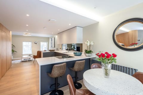 Kitchen or kitchenette, Living room, Seating area, Dining area