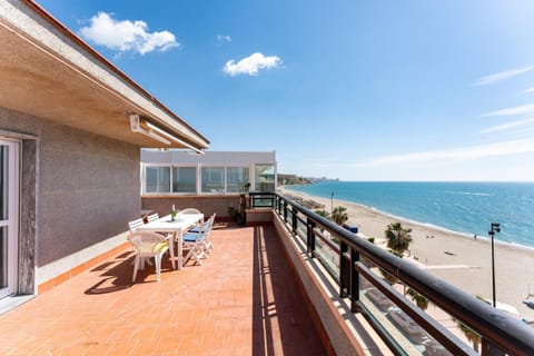 Property building, Day, Natural landscape, View (from property/room), Balcony/Terrace, Balcony/Terrace, Dining area, Beach, Sea view, sunbed