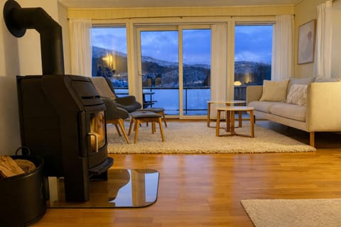 View (from property/room), Living room, Sea view, fireplace