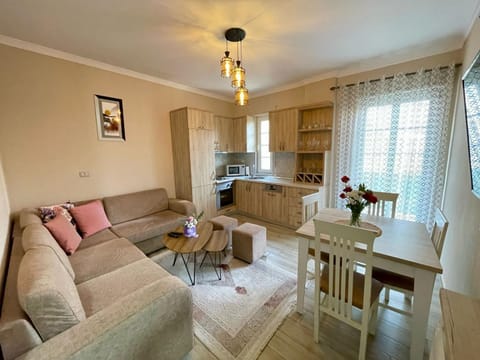 Kitchen or kitchenette, Living room, Seating area, Dining area, dishwasher, microwave, oven, air conditioner