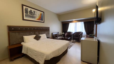 Bed, TV and multimedia, Living room, Seating area, Bedroom