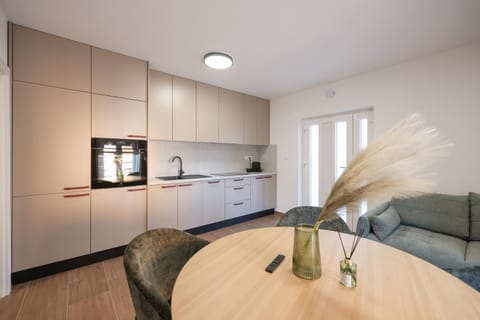 Kitchen or kitchenette, Living room, Seating area, Dining area