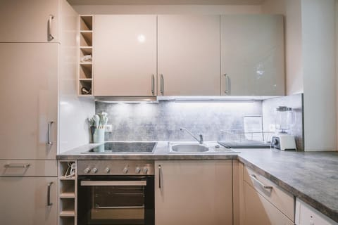 Kitchen or kitchenette, dishwasher, oven, stove