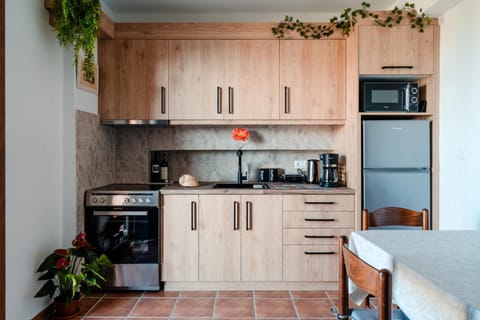 Coffee/tea facilities, Kitchen or kitchenette, Dining area, oven, stove