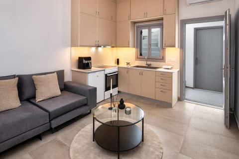 Kitchen or kitchenette, Living room, Seating area, oven, stove