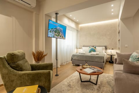 Bed, TV and multimedia, Living room, Photo of the whole room, Seating area, Bedroom, air conditioner