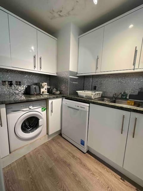 Kitchen or kitchenette, dishwasher, stove, toaster, washing machine, dryer