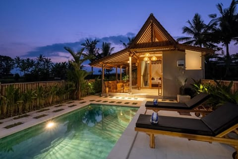 Property building, Patio, Night, Natural landscape, Garden, Garden view, Pool view, Swimming pool, sunbed