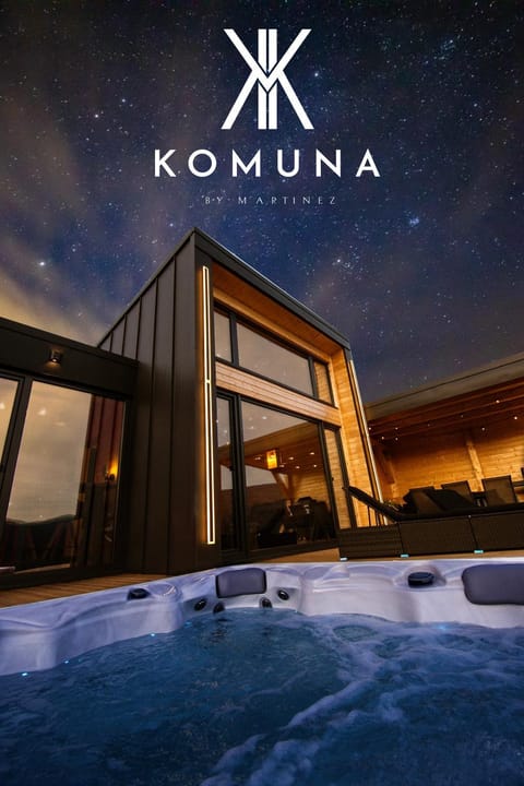 Patio, Night, Natural landscape, Hot Tub, Text overlay, Pool view, Swimming pool