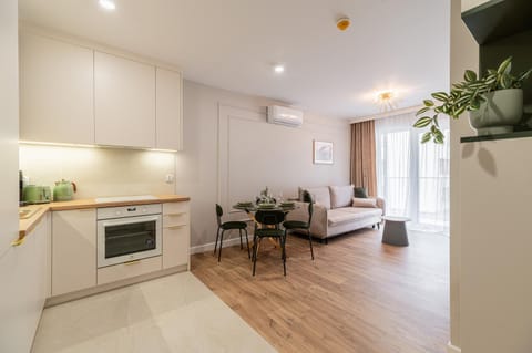 Kitchen or kitchenette, Living room, Seating area, Dining area, oven, stove, air conditioner