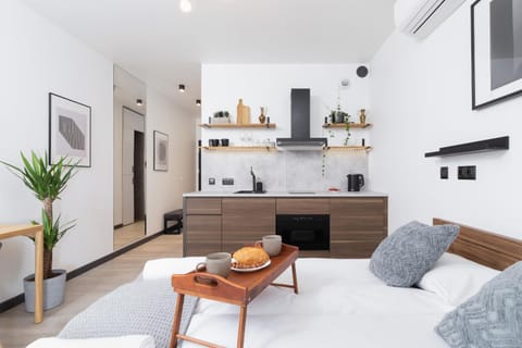 Bed, kitchen