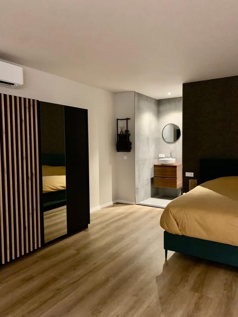 Bed, wardrobe
