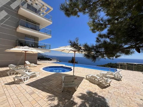 Property building, Patio, Day, Natural landscape, BBQ facilities, View (from property/room), Balcony/Terrace, Pool view, Sea view, Swimming pool, sunbed