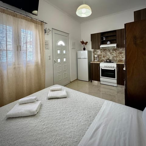 Bed, TV and multimedia, Photo of the whole room, Bedroom, oven, stove, towels, wardrobe, kitchen