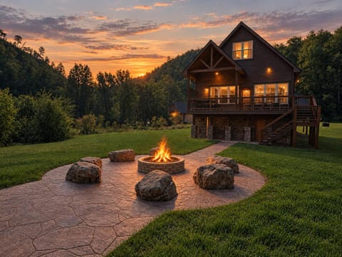 Property building, Natural landscape, Garden, Balcony/Terrace, Sunset, fireplace