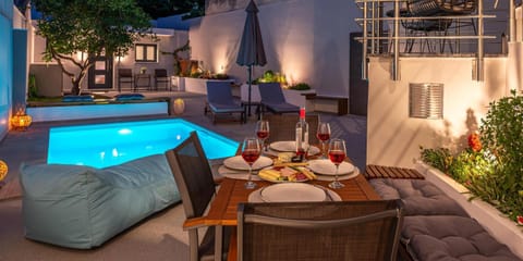 Patio, Night, Food and drinks, Pool view, Swimming pool