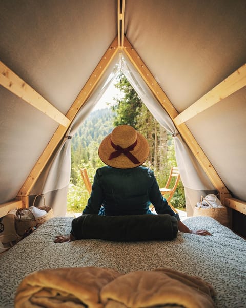 Bed, Decorative detail, Mountain view, towels