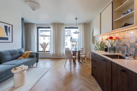 Kitchen or kitchenette, Living room, Seating area, Dining area