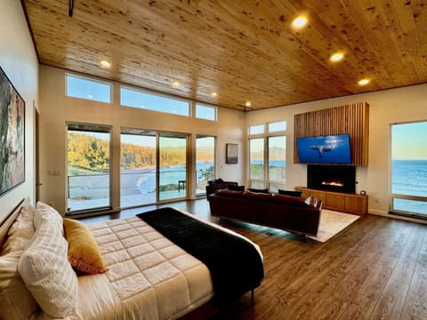 Bed, TV and multimedia, Photo of the whole room, Seating area, Bedroom, Sea view, fireplace