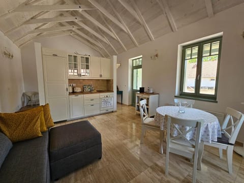 Kitchen or kitchenette, Living room, Seating area, Dining area