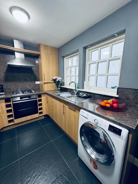Kitchen or kitchenette, oven, stove, washing machine