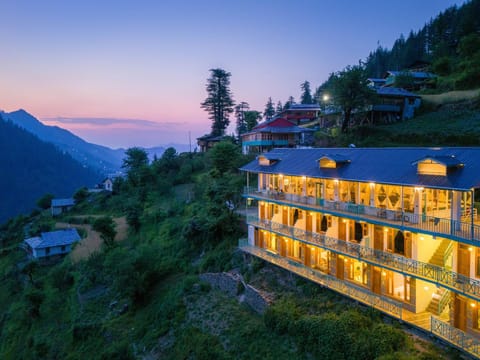 Property building, Facade/entrance, Night, View (from property/room), Mountain view, Sunset