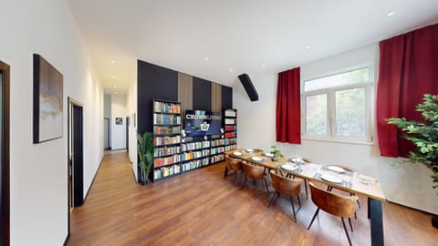 Library, Living room, Seating area, Dining area