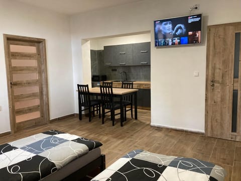 Bed, TV and multimedia, Kitchen or kitchenette, Living room, Seating area, Dining area