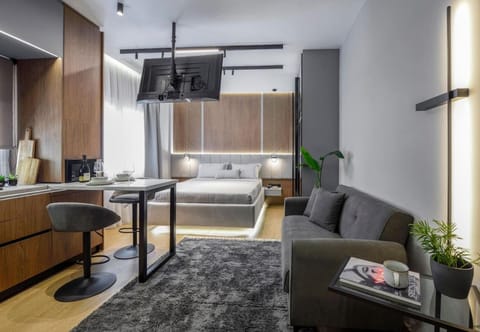 Bed, TV and multimedia, Kitchen or kitchenette, Photo of the whole room, Seating area, Bedroom