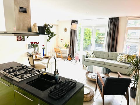 Kitchen or kitchenette, Living room, Seating area, Dining area, stove