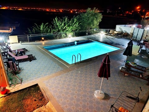 Patio, Night, Natural landscape, Garden, Balcony/Terrace, Pool view, Swimming pool, Swimming pool, sunbed