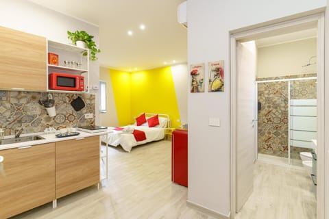Bed, Bathroom, Kitchen or kitchenette, Photo of the whole room, Bedroom, microwave