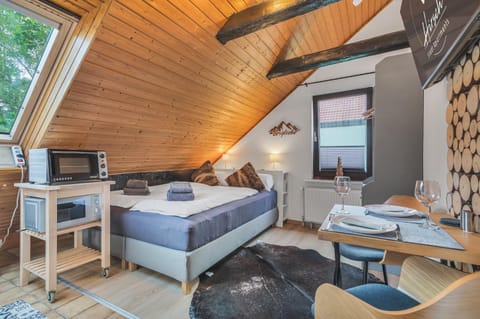 Bed, TV and multimedia, Kitchen or kitchenette, Photo of the whole room, Seating area, Dining area, Bedroom