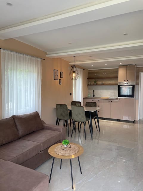 Kitchen or kitchenette, Living room, Seating area, Dining area, minibar, oven, stove
