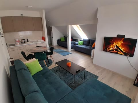 Bed, TV and multimedia, Kitchen or kitchenette, Living room, Photo of the whole room, Seating area