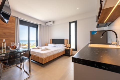 Bed, TV and multimedia, Kitchen or kitchenette, Photo of the whole room, Dining area, Bedroom, towels