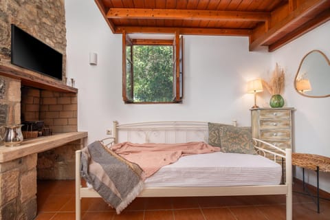 Bed, TV and multimedia, Seating area, fireplace