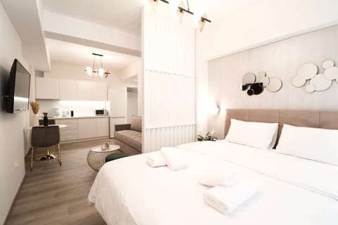 Bed, TV and multimedia, Kitchen or kitchenette, Photo of the whole room, Bedroom, towels