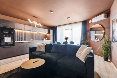 Kitchen or kitchenette, Living room, Seating area, Dining area, stove