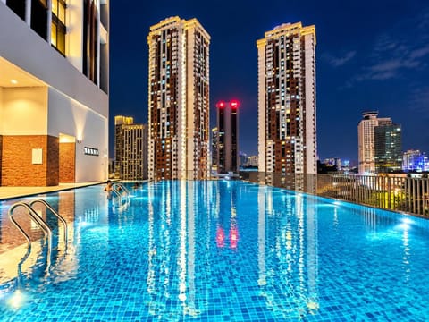 Night, City view, Pool view, Swimming pool