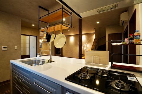 Kitchen or kitchenette, stove