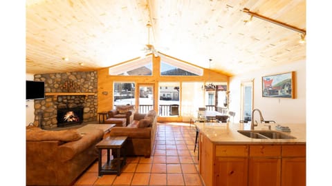 Day, Kitchen or kitchenette, Living room, Dining area, Mountain view, fireplace, furniture, kitchen
