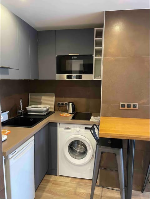 Kitchen or kitchenette, minibar, stove, washing machine