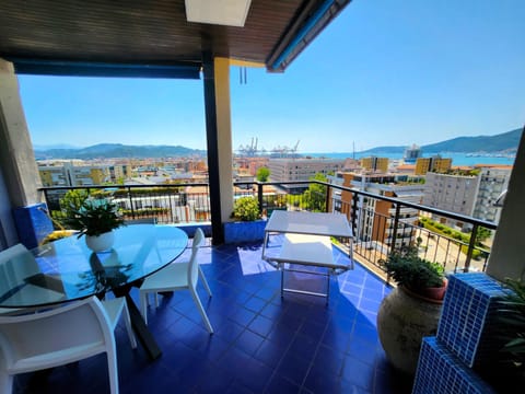 Property building, Patio, Day, Natural landscape, View (from property/room), Balcony/Terrace, Dining area, Sea view