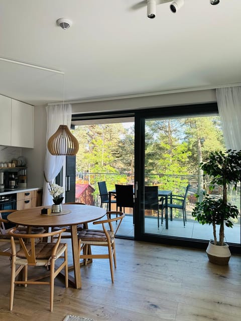 Kitchen or kitchenette, Living room, Seating area, Dining area