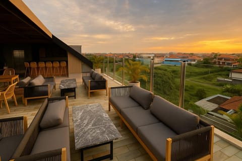 Property building, Restaurant/places to eat, Day, Natural landscape, View (from property/room), Seating area, Sunset