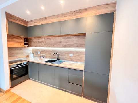 Kitchen or kitchenette, dishwasher, stove